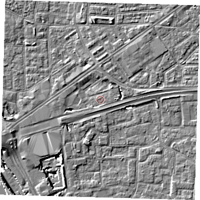 Shaded relief map of the ground around E161ES, computed from Environment Agency LiDAR. The ground here sits at about 1 m above sea level and falls 11 m across the surrounding 800 m. Surface water reaching this point runs off ground lying to the west-south-west, 4.0 m higher.