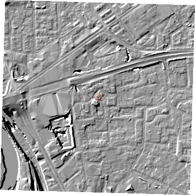 Shaded relief map of the ground around E161ET, computed from Environment Agency LiDAR. The ground here sits at about 2 m above sea level and falls 13 m across the surrounding 800 m. Surface water reaching this point runs off ground lying to the south-south-west, 1.5 m higher.
