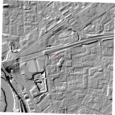 Shaded relief map of the ground around E161EU, computed from Environment Agency LiDAR. The ground here sits at about 2 m above sea level and falls 12 m across the surrounding 800 m. Surface water reaching this point runs off ground lying to the south, 1.5 m higher.