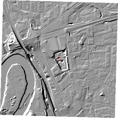 Shaded relief map of the ground around E161EX, computed from Environment Agency LiDAR. The ground here sits at about -2 m above sea level and falls 19 m across the surrounding 800 m. Surface water reaching this point runs off ground lying to the south, 6.8 m higher.