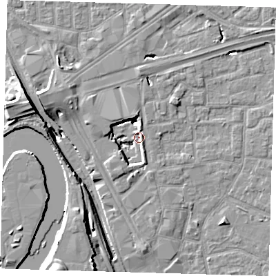 Shaded relief map of the ground around E161EZ, computed from Environment Agency LiDAR. The ground here sits at about -1 m above sea level and falls 18 m across the surrounding 800 m. Surface water reaching this point runs off ground lying to the north, 8.1 m higher.
