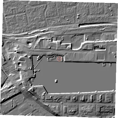 Shaded relief map of the ground around E161FA, computed from Environment Agency LiDAR. The ground here sits at about 4 m above sea level and falls 13 m across the surrounding 800 m. Surface water reaching this point runs off ground lying to the south-west, 4.6 m higher.