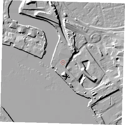 Shaded relief map of the ground around E161FB, computed from Environment Agency LiDAR. The ground here sits at about 5 m above sea level and falls 15 m across the surrounding 800 m. The ground contributing surface water to this point lies to the north-north-west.