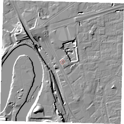 Shaded relief map of the ground around E161FE, computed from Environment Agency LiDAR. The ground here sits at about 3 m above sea level and falls 20 m across the surrounding 800 m. Surface water reaching this point runs off ground lying to the north-west, 3.4 m higher.