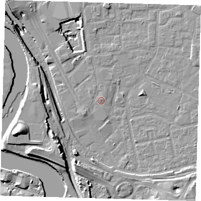 Shaded relief map of the ground around E161FF, computed from Environment Agency LiDAR. The ground here sits at about 2 m above sea level and falls 20 m across the surrounding 800 m. Surface water reaching this point runs off ground lying to the north-west, 0.6 m higher.