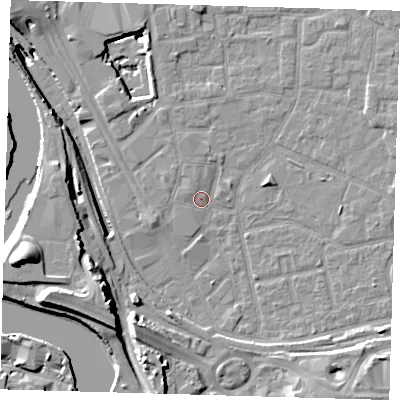 Shaded relief map of the ground around E161FG, computed from Environment Agency LiDAR. The ground here sits at about 2 m above sea level and falls 20 m across the surrounding 800 m. Surface water reaching this point runs off ground lying to the south-south-west, 4.2 m higher.