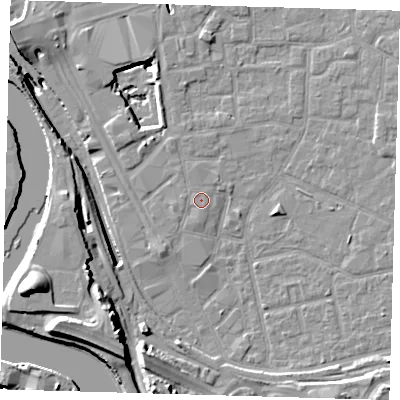 Shaded relief map of the ground around E161FH, computed from Environment Agency LiDAR. The ground here sits at about 2 m above sea level and falls 20 m across the surrounding 800 m. The ground contributing surface water to this point lies to the north.