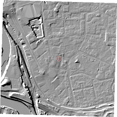 Shaded relief map of the ground around E161FJ, computed from Environment Agency LiDAR. The ground here sits at about 2 m above sea level and falls 20 m across the surrounding 800 m. Surface water reaching this point runs off ground lying to the south-south-west, 4.2 m higher.
