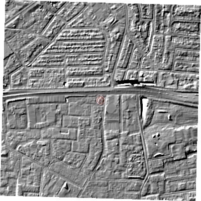 Shaded relief map of the ground around E161FN, computed from Environment Agency LiDAR. The ground here sits at about 2 m above sea level and falls 10 m across the surrounding 800 m. Surface water reaching this point runs off ground lying to the south-south-east, 1.2 m higher.