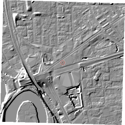 Shaded relief map of the ground around E161FP, computed from Environment Agency LiDAR. The ground here sits at about 2 m above sea level and falls 15 m across the surrounding 800 m. Surface water reaching this point runs off ground lying to the west-south-west, 2.4 m higher.