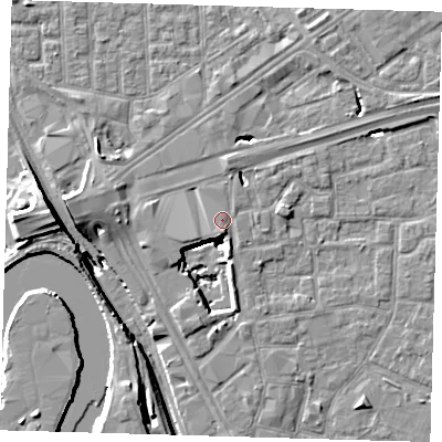 Shaded relief map of the ground around E161FQ, computed from Environment Agency LiDAR. The ground here sits at about 3 m above sea level and falls 15 m across the surrounding 800 m. Surface water reaching this point runs off ground lying to the south-west, 1.8 m higher.
