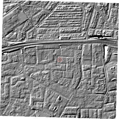Shaded relief map of the ground around E161FS, computed from Environment Agency LiDAR. The ground here sits at about 2 m above sea level and falls 10 m across the surrounding 800 m. Surface water reaching this point runs off ground lying to the west-north-west, 3.3 m higher.