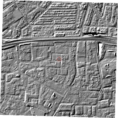 Shaded relief map of the ground around E161FT, computed from Environment Agency LiDAR. The ground here sits at about 2 m above sea level and falls 10 m across the surrounding 800 m. Surface water reaching this point runs off ground lying to the south-south-east, 0.6 m higher.