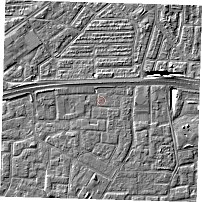 Shaded relief map of the ground around E161FW, computed from Environment Agency LiDAR. The ground here sits at about 2 m above sea level and falls 10 m across the surrounding 800 m. Surface water reaching this point runs off ground lying to the west, 3.3 m higher.