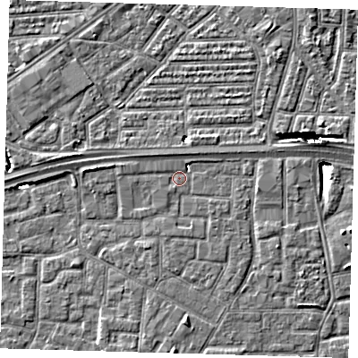 Shaded relief map of the ground around E161FX, computed from Environment Agency LiDAR. The ground here sits at about 2 m above sea level and falls 10 m across the surrounding 800 m. Surface water reaching this point runs off ground lying to the west, 2.1 m higher.