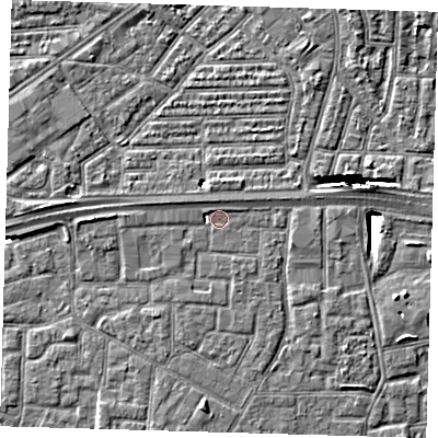 Shaded relief map of the ground around E161FY, computed from Environment Agency LiDAR. The ground here sits at about 2 m above sea level and falls 10 m across the surrounding 800 m. Surface water reaching this point runs off ground lying to the west, 3.3 m higher.
