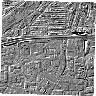 Shaded relief map of the ground around E161FZ, computed from Environment Agency LiDAR. The ground here sits at about 2 m above sea level and falls 10 m across the surrounding 800 m. Surface water reaching this point runs off ground lying to the west-north-west, 3.3 m higher.