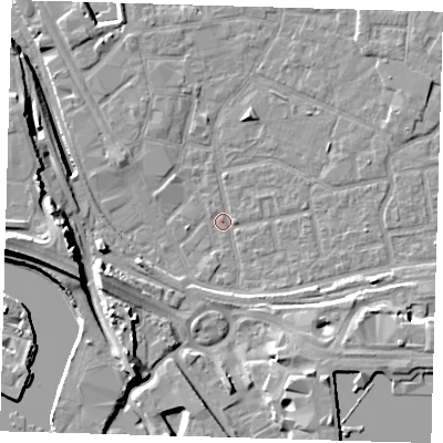 Shaded relief map of the ground around E161GA, computed from Environment Agency LiDAR. The ground here sits at about 1 m above sea level and falls 13 m across the surrounding 800 m. Surface water reaching this point runs off ground lying to the south-east, 5.6 m higher.
