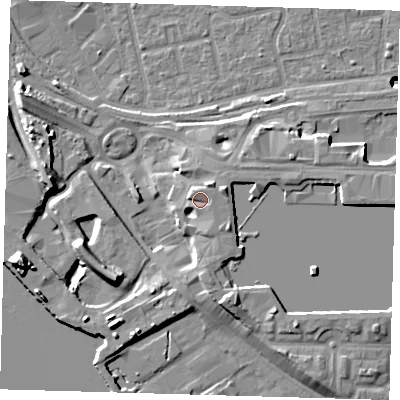 Shaded relief map of the ground around E161GB, computed from Environment Agency LiDAR. The ground here sits at about 6 m above sea level and falls 17 m across the surrounding 800 m. Surface water reaching this point runs off ground lying to the north-north-west, 1.7 m higher.