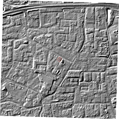 Shaded relief map of the ground around E161GD, computed from Environment Agency LiDAR. The ground here sits at about 2 m above sea level and falls 9 m across the surrounding 800 m. Surface water reaching this point runs off ground lying to the south-east, 1.4 m higher.