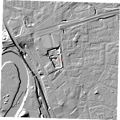 Shaded relief map of the ground around E161GE, computed from Environment Agency LiDAR. The ground here sits at about -1 m above sea level and falls 20 m across the surrounding 800 m. Surface water reaching this point runs off ground lying to the north, 8.1 m higher.