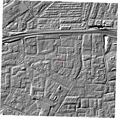 Shaded relief map of the ground around E161GF, computed from Environment Agency LiDAR. The ground here sits at about 2 m above sea level and falls 10 m across the surrounding 800 m. Surface water reaching this point runs off ground lying to the east-south-east, 0.6 m higher.