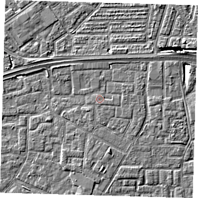 Shaded relief map of the ground around E161GG, computed from Environment Agency LiDAR. The ground here sits at about 2 m above sea level and falls 10 m across the surrounding 800 m. Surface water reaching this point runs off ground lying to the east-south-east, 0.6 m higher.