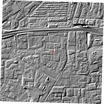 Shaded relief map of the ground around E161GH, computed from Environment Agency LiDAR. The ground here sits at about 2 m above sea level and falls 10 m across the surrounding 800 m. Surface water reaching this point runs off ground lying to the south-east, 0.6 m higher.