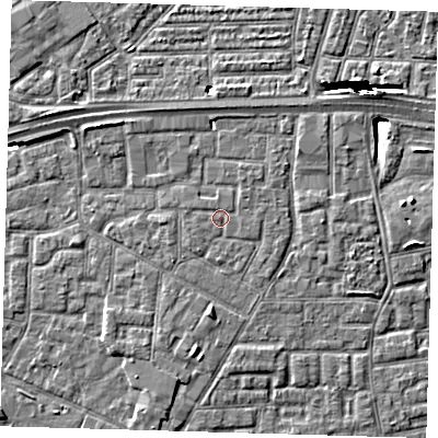 Shaded relief map of the ground around E161GJ, computed from Environment Agency LiDAR. The ground here sits at about 2 m above sea level and falls 10 m across the surrounding 800 m. The ground contributing surface water to this point lies to the east-south-east.