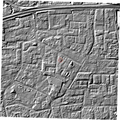 Shaded relief map of the ground around E161GL, computed from Environment Agency LiDAR. The ground here sits at about 2 m above sea level and falls 8 m across the surrounding 800 m. Surface water reaching this point runs off ground lying to the south-south-west, 0.9 m higher.