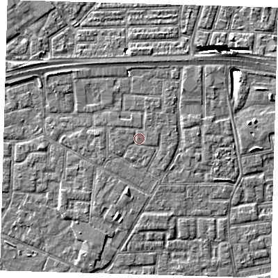 Shaded relief map of the ground around E161GN, computed from Environment Agency LiDAR. The ground here sits at about 2 m above sea level and falls 10 m across the surrounding 800 m. The ground contributing surface water to this point lies to the east.