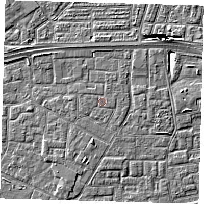 Shaded relief map of the ground around E161GP, computed from Environment Agency LiDAR. The ground here sits at about 2 m above sea level and falls 10 m across the surrounding 800 m. The ground contributing surface water to this point lies to the east.