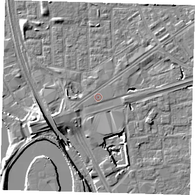 Shaded relief map of the ground around E161GQ, computed from Environment Agency LiDAR. The ground here sits at about 2 m above sea level and falls 15 m across the surrounding 800 m. Surface water reaching this point runs off ground lying to the west-south-west, 5.3 m higher.
