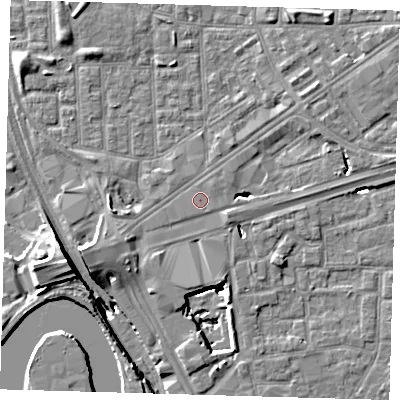 Shaded relief map of the ground around E161GS, computed from Environment Agency LiDAR. The ground here sits at about 2 m above sea level and falls 15 m across the surrounding 800 m. The ground contributing surface water to this point lies to the north-east.