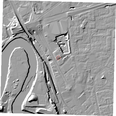 Shaded relief map of the ground around E161GT, computed from Environment Agency LiDAR. The ground here sits at about 3 m above sea level and falls 20 m across the surrounding 800 m. Surface water reaching this point runs off ground lying to the north-west, 3.5 m higher.