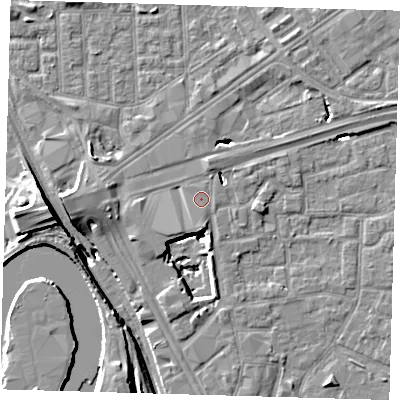 Shaded relief map of the ground around E161GU, computed from Environment Agency LiDAR. The ground here sits at about 2 m above sea level and falls 15 m across the surrounding 800 m. Surface water reaching this point runs off ground lying to the south-south-west, 1.1 m higher.
