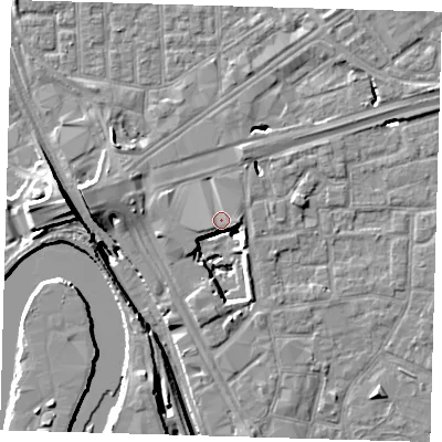 Shaded relief map of the ground around E161GW, computed from Environment Agency LiDAR. The ground here sits at about 3 m above sea level and falls 15 m across the surrounding 800 m. Surface water reaching this point runs off ground lying to the south-west, 8.0 m higher.