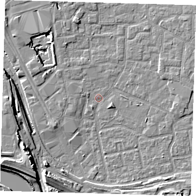 Shaded relief map of the ground around E161GX, computed from Environment Agency LiDAR. The ground here sits at about 1 m above sea level and falls 15 m across the surrounding 800 m. Surface water reaching this point runs off ground lying to the south-south-east, 4.7 m higher.