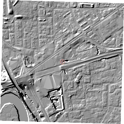 Shaded relief map of the ground around E161GZ, computed from Environment Agency LiDAR. The ground here sits at about 2 m above sea level and falls 15 m across the surrounding 800 m. Surface water reaching this point runs off ground lying to the west-south-west, 5.3 m higher.