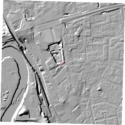 Shaded relief map of the ground around E161HA, computed from Environment Agency LiDAR. The ground here sits at about -1 m above sea level and falls 20 m across the surrounding 800 m. Surface water reaching this point runs off ground lying to the south-west, 2.2 m higher.