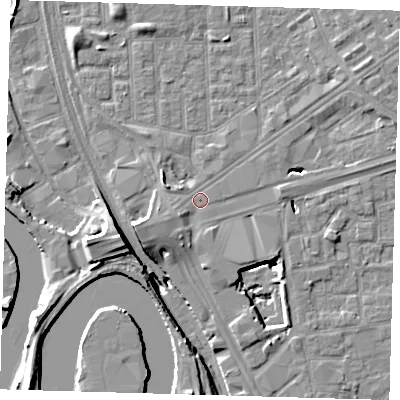 Shaded relief map of the ground around E161HF, computed from Environment Agency LiDAR. The ground here sits at about 2 m above sea level and falls 15 m across the surrounding 800 m. Surface water reaching this point runs off ground lying to the west-south-west, 4.6 m higher.