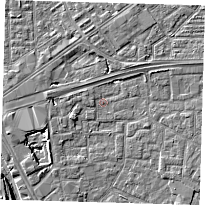 Shaded relief map of the ground around E161HG, computed from Environment Agency LiDAR. The ground here sits at about 1 m above sea level and falls 11 m across the surrounding 800 m. Surface water reaching this point runs off ground lying to the west-south-west, 2.2 m higher.