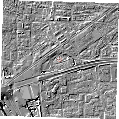 Shaded relief map of the ground around E161HH, computed from Environment Agency LiDAR. The ground here sits at about 1 m above sea level and falls 11 m across the surrounding 800 m. Surface water reaching this point runs off ground lying to the west-south-west, 7.3 m higher.