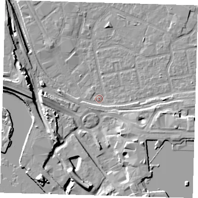 Shaded relief map of the ground around E161HL, computed from Environment Agency LiDAR. The ground here sits at about 1 m above sea level and falls 15 m across the surrounding 800 m. Surface water reaching this point runs off ground lying to the east-south-east, 1.7 m higher.