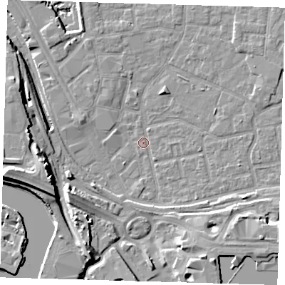 Shaded relief map of the ground around E161HN, computed from Environment Agency LiDAR. The ground here sits at about 1 m above sea level and falls 14 m across the surrounding 800 m. Surface water reaching this point runs off ground lying to the south-east, 5.4 m higher.