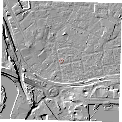 Shaded relief map of the ground around E161HP, computed from Environment Agency LiDAR. The ground here sits at about 1 m above sea level and falls 13 m across the surrounding 800 m. Surface water reaching this point runs off ground lying to the south-east, 5.6 m higher.
