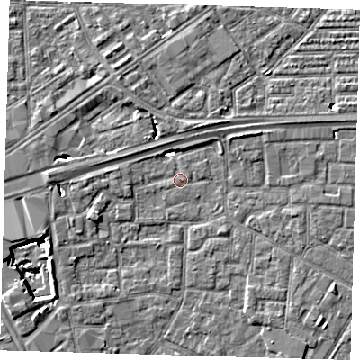 Shaded relief map of the ground around E161HQ, computed from Environment Agency LiDAR. The ground here sits at about 1 m above sea level and falls 8 m across the surrounding 800 m. Surface water reaching this point runs off ground lying to the west-south-west, 2.2 m higher.