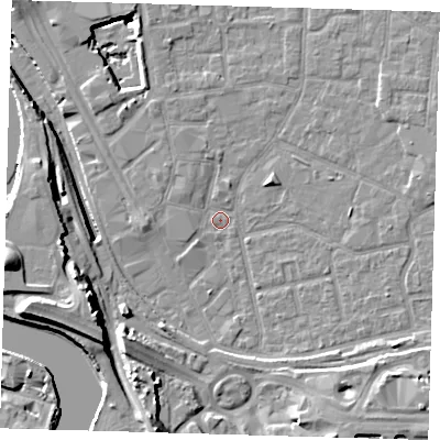 Shaded relief map of the ground around E161HR, computed from Environment Agency LiDAR. The ground here sits at about 1 m above sea level and falls 20 m across the surrounding 800 m. Surface water reaching this point runs off ground lying to the south-east, 5.0 m higher.