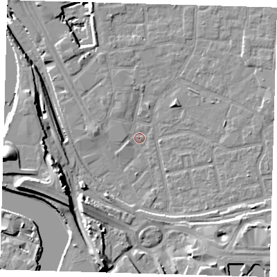 Shaded relief map of the ground around E161HS, computed from Environment Agency LiDAR. The ground here sits at about 1 m above sea level and falls 20 m across the surrounding 800 m. Surface water reaching this point runs off ground lying to the south-east, 5.0 m higher.