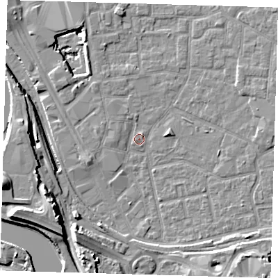 Shaded relief map of the ground around E161HT, computed from Environment Agency LiDAR. The ground here sits at about 1 m above sea level and falls 18 m across the surrounding 800 m. Surface water reaching this point runs off ground lying to the south-south-east, 4.9 m higher.